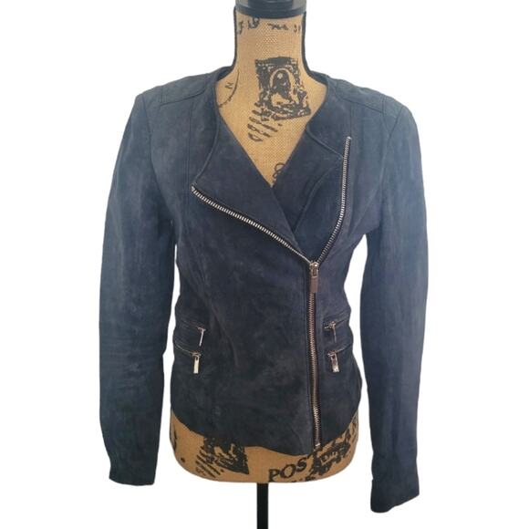 Small MNG navy blue real genuine suede leather moto jacket zipper pockets - Picture 1 of 3